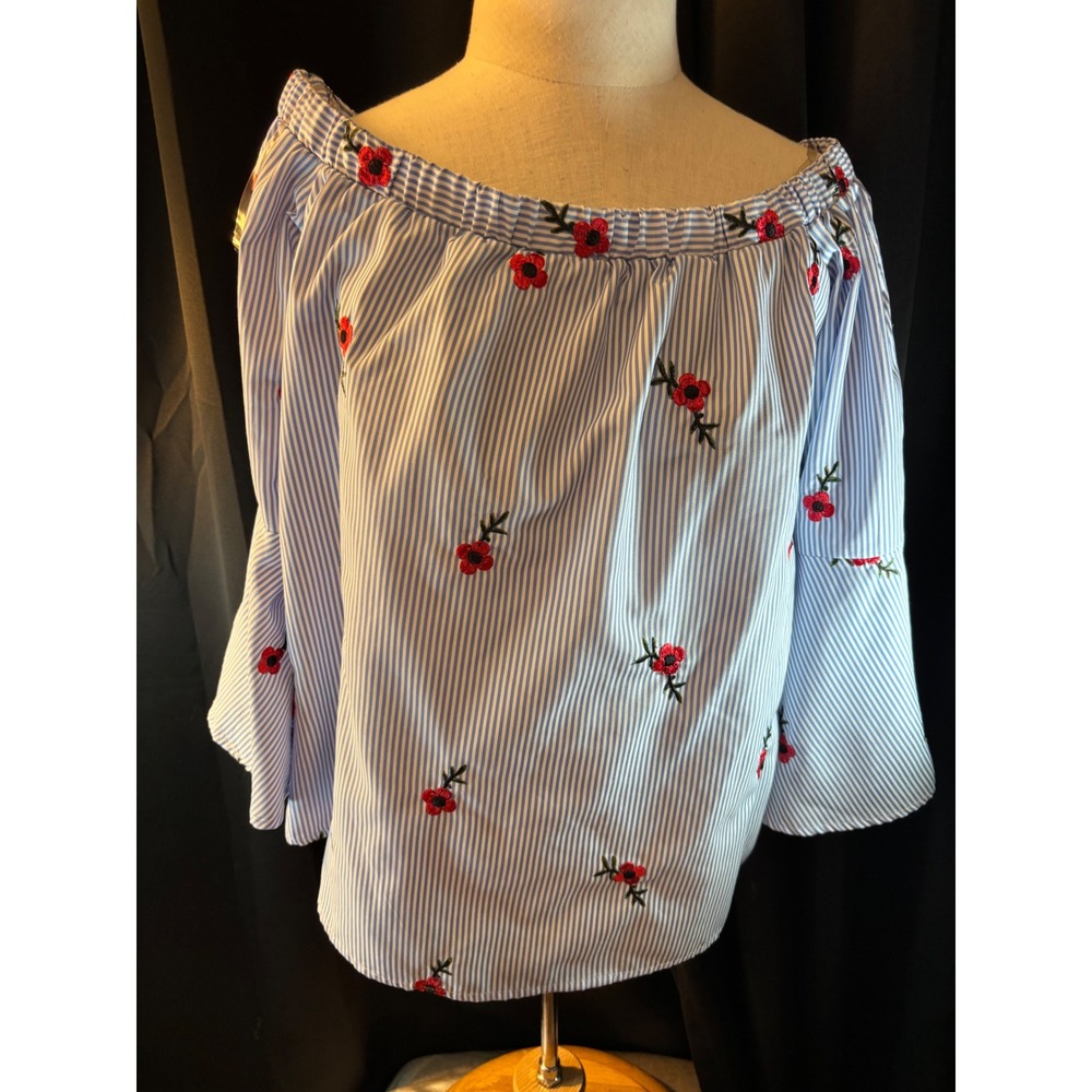 Always Indigo Womens XL Blue White Striped Poppy Floral Off Shoulder Blouse Top